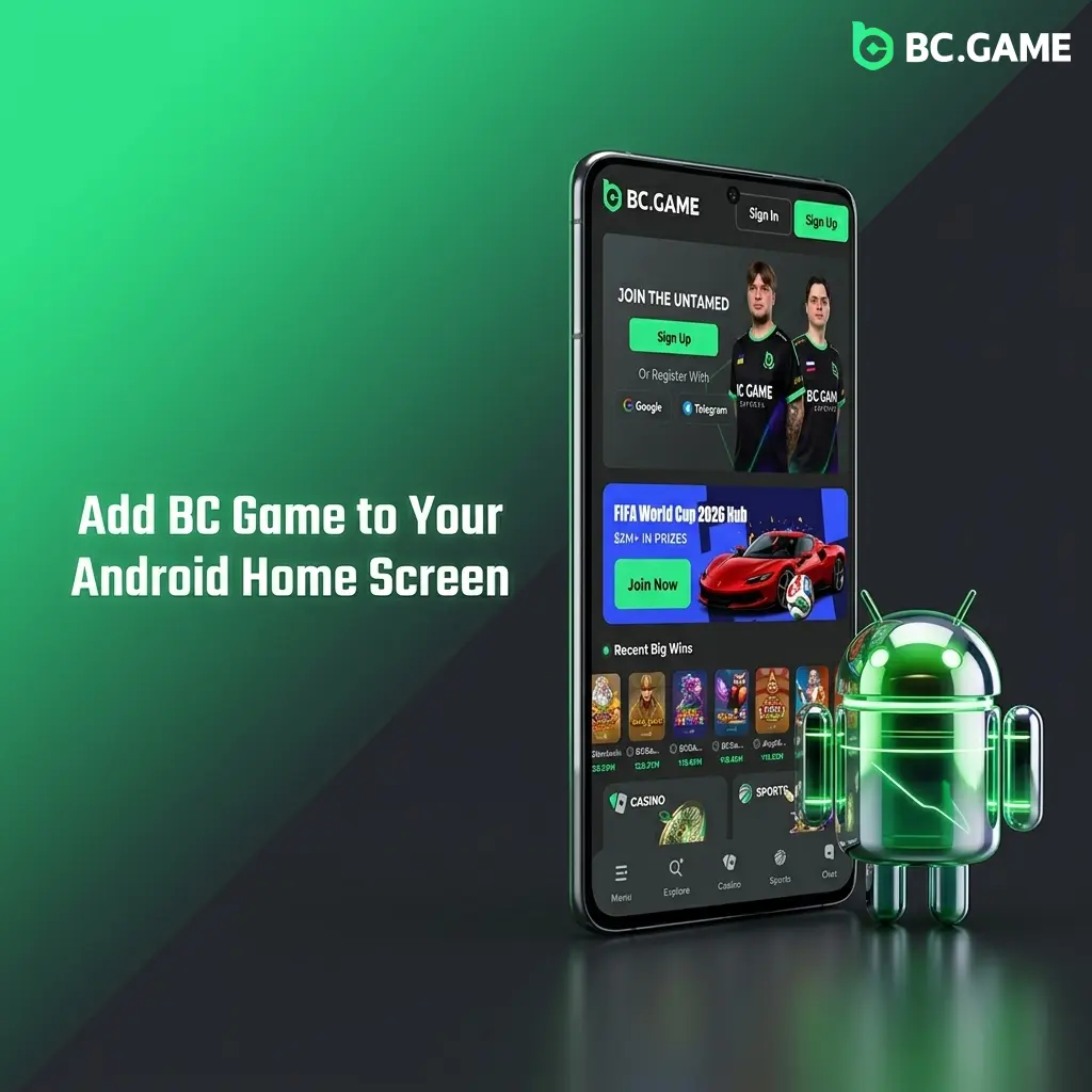 BC Game PWA installation steps on Android home screen via Chrome browser menu shortcut