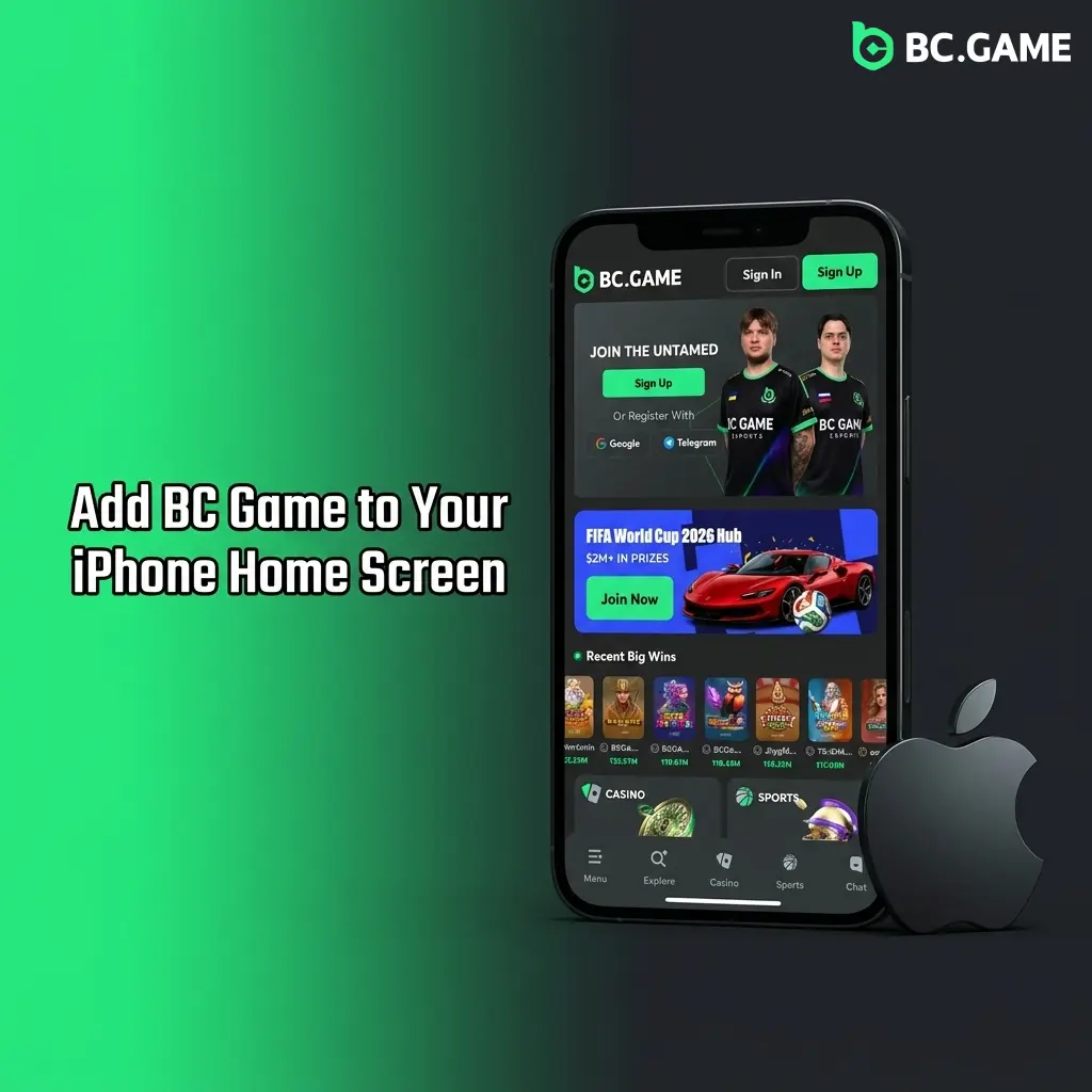 BC Game PWA installation steps on iPhone Safari showing Add to Home Screen option for iOS 14.3 or later