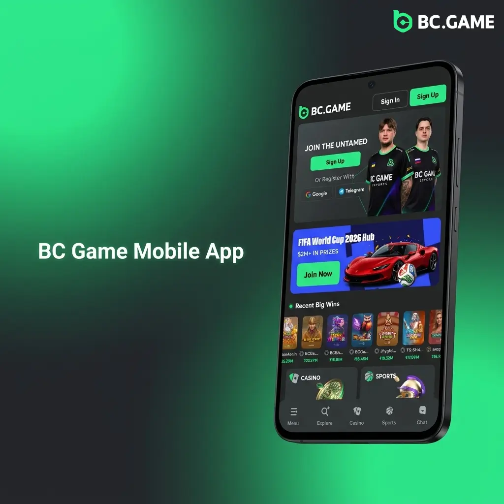 BC Game mobile PWA interface on smartphone showing casino games and sports betting features for Android and iOS users