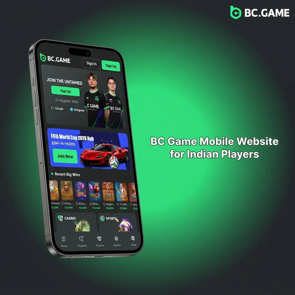 BC Game mobile website interface for Indian players showing sports betting and casino on a smartphone browser