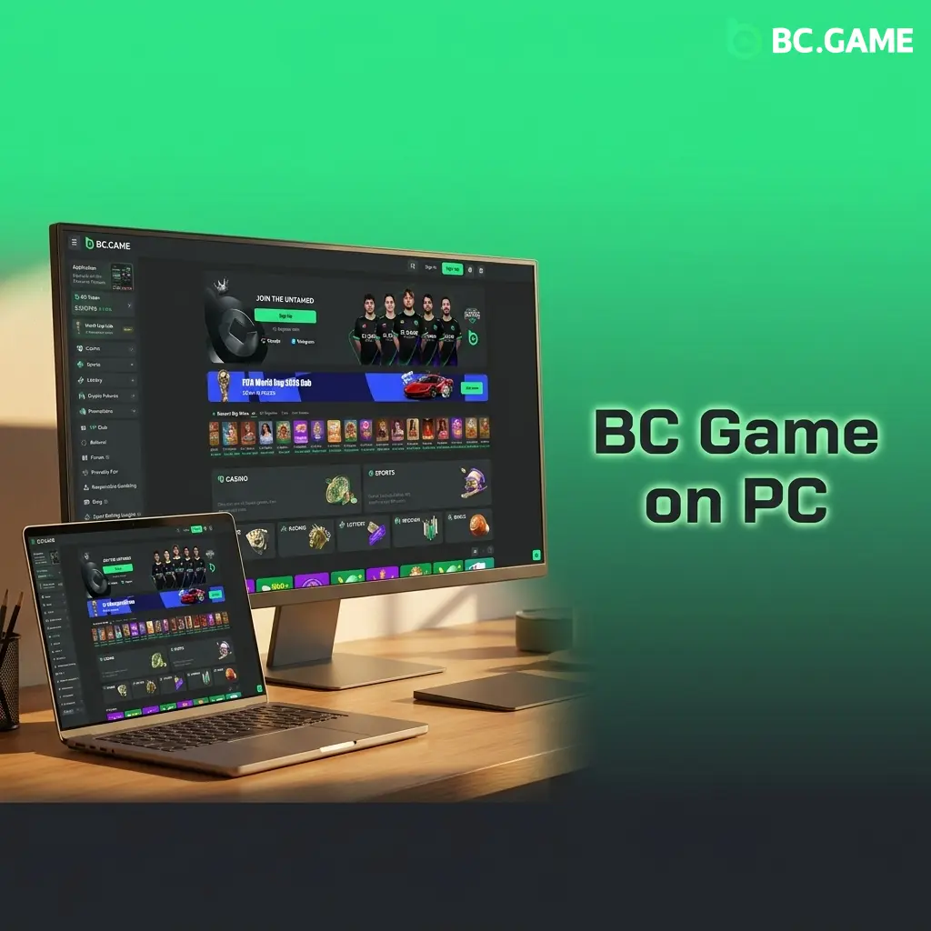 BC Game desktop browser interface on PC showing sports betting, casino, and live dealer games at bc.game