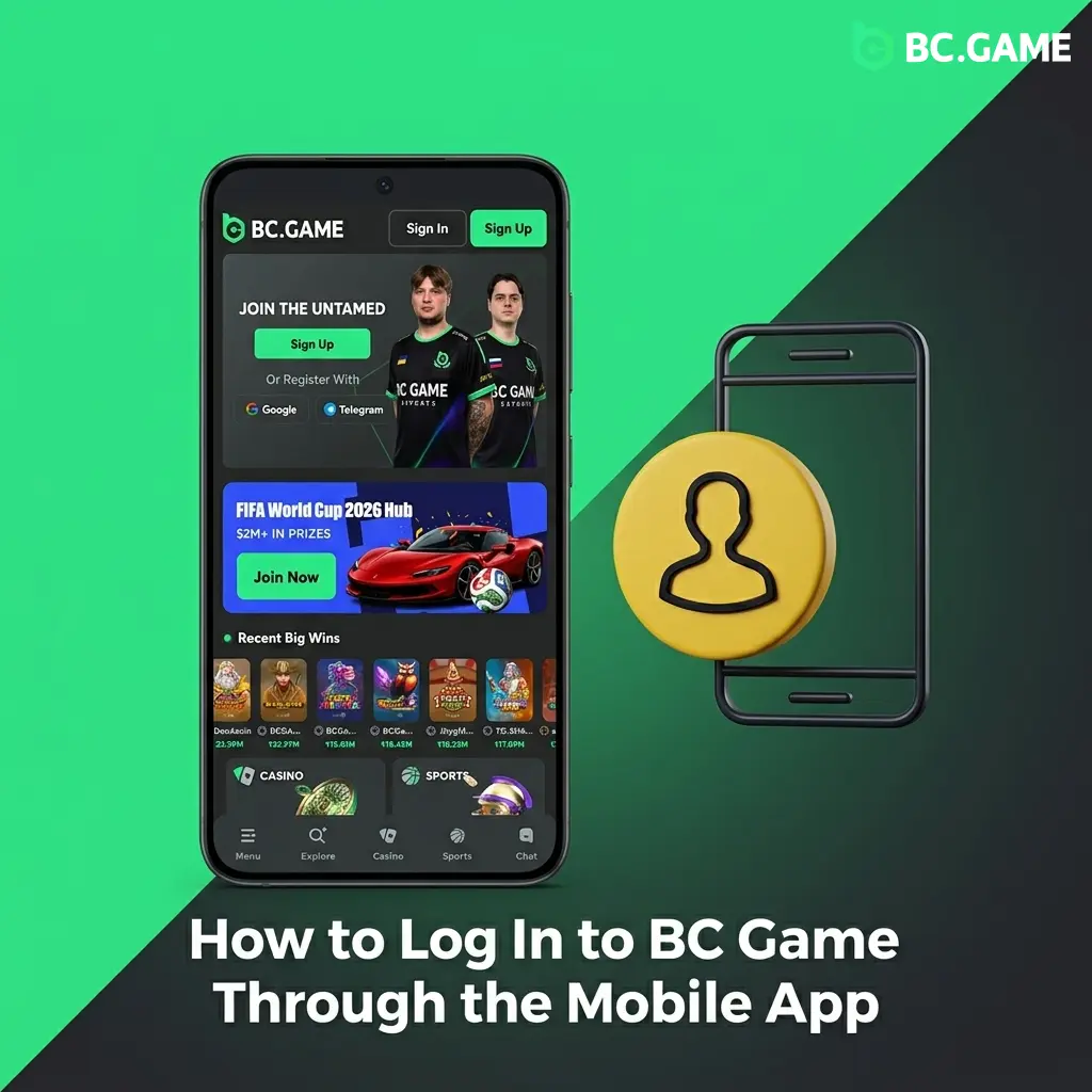 BC Game mobile app login screen showing email, password fields and login button on smartphone