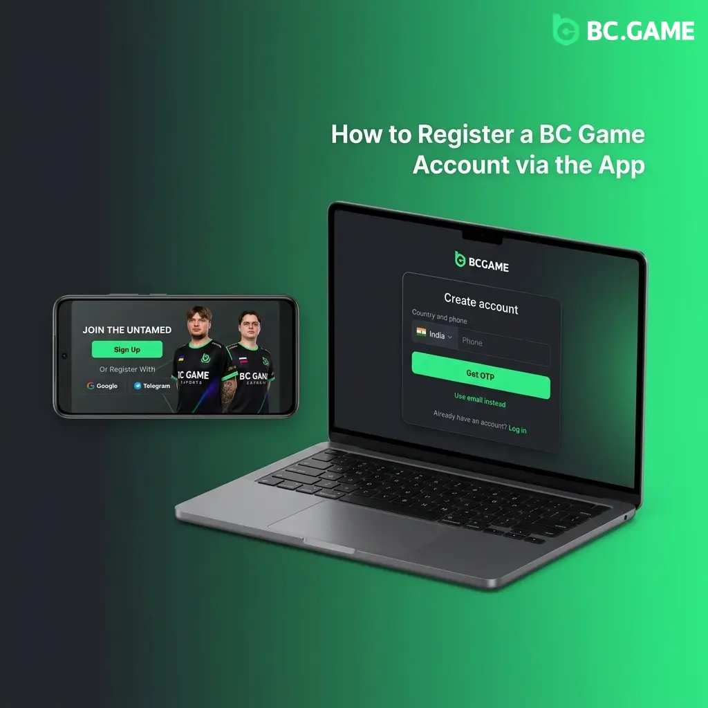 BC Game app registration screen showing Sign Up options including email, phone, Google, Telegram, and MetaMask