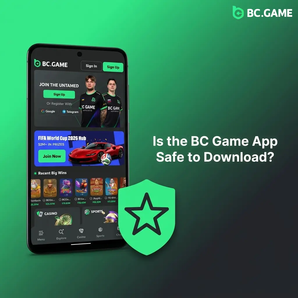 BC Game app safety features including Curaçao licence, SSL encryption, and secure APK download from official website
