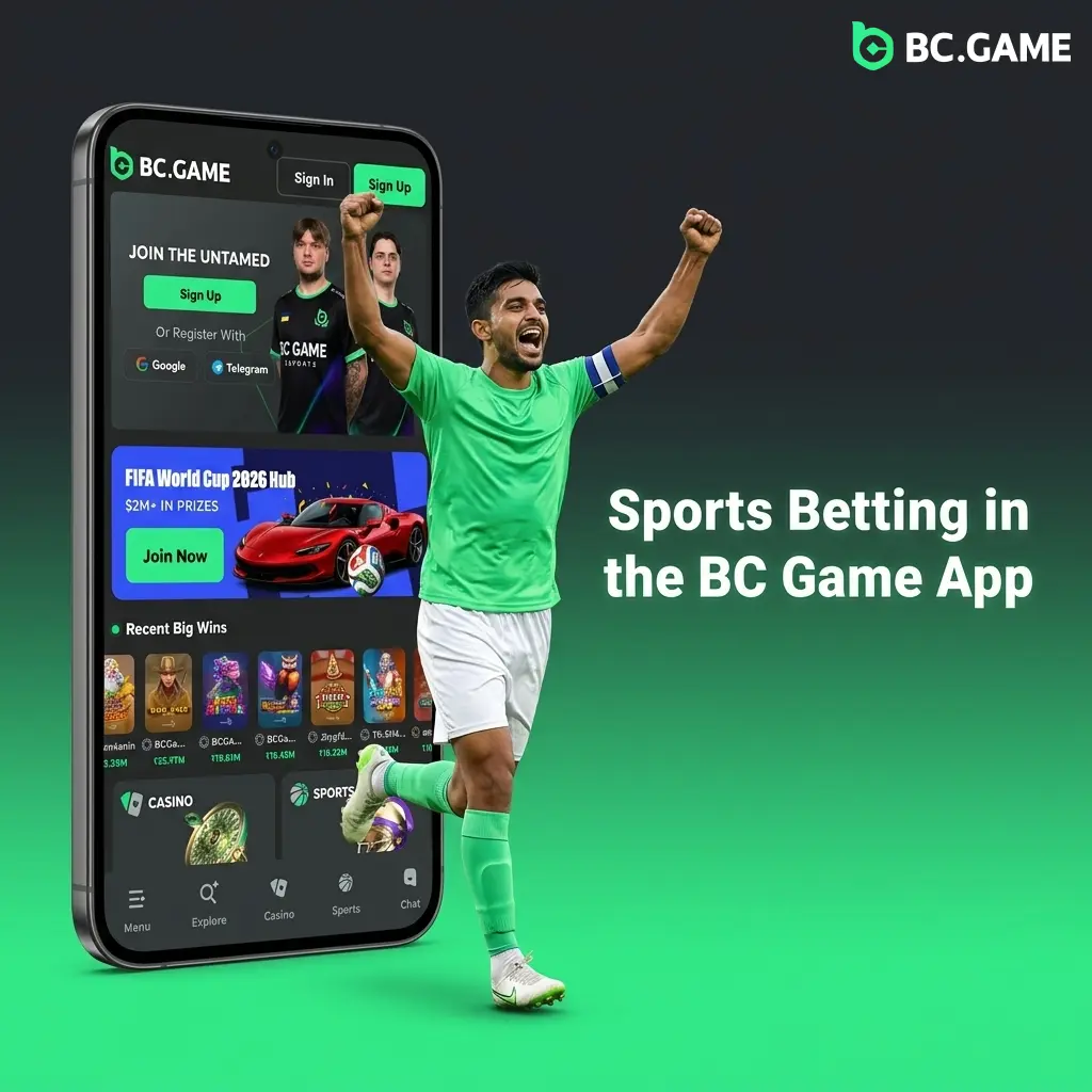 BC Game app sports betting interface showing cricket, football, kabaddi and esports markets with live odds in INR